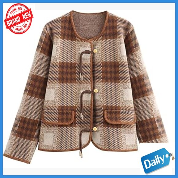 Vintage Plaid Cardigan Sweater with Pockets Cropped Length Knit Jacket for